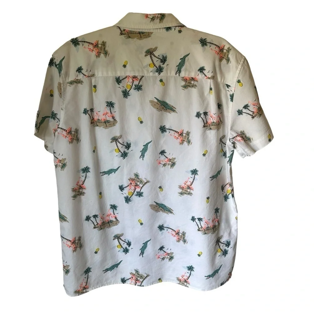 American Eagle Tropical Beach Flamingo Print White Short Sleeve Button Down M - Picture 2 of 7